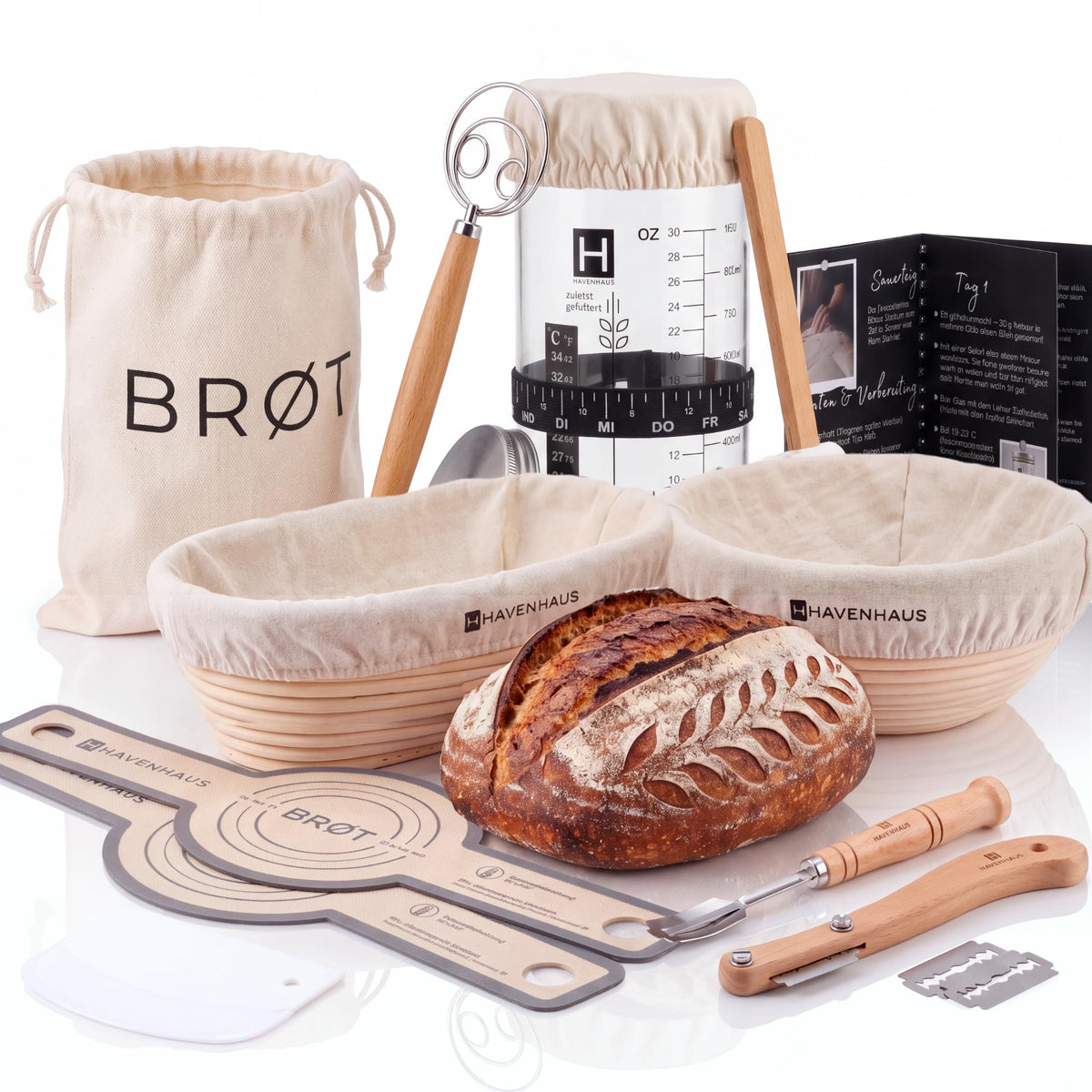11-teiliges Sauerteig Starter Set mit Gärkörbchen, Sauerteig Set Xxl, 11-teilig