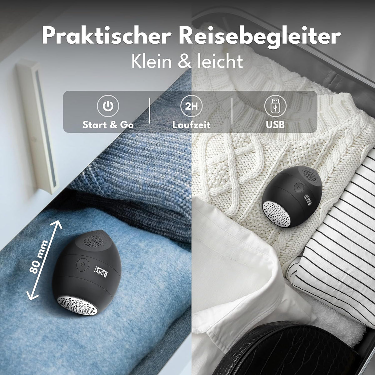 Mini Fusselentferner mit Ersatzklingen & Reinigungspinsel, Schwarz - 400mah