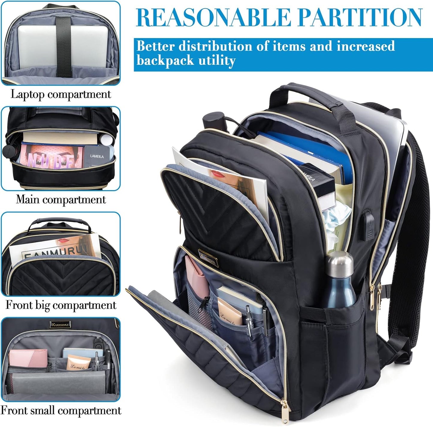 Stylischer Schulrucksack mit USB-Port, 15.6" Schwarz