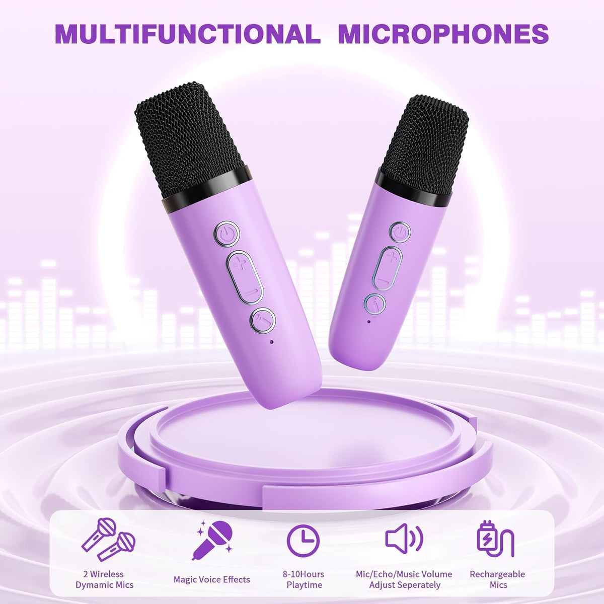 Tragbare Bluetooth-Karaoke-Maschine mit 2 Mikrofonen, Violett