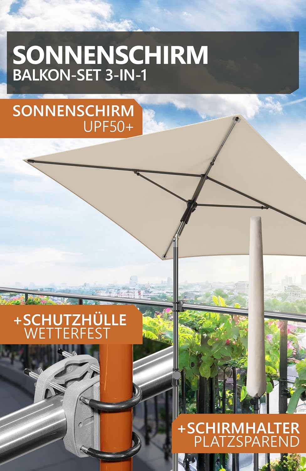 Sonnenschirm Balkonset SunnyShade Plus, Halter Set – 1 x Halter Sunnyeasy + Schirm + Hülle Beige