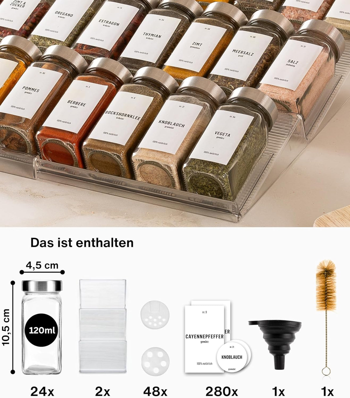 Gewürzgläser-Set mit Schubladeneinsatz, 24 Stk, ausziehbar, Chrom, Deckel Edelstahl