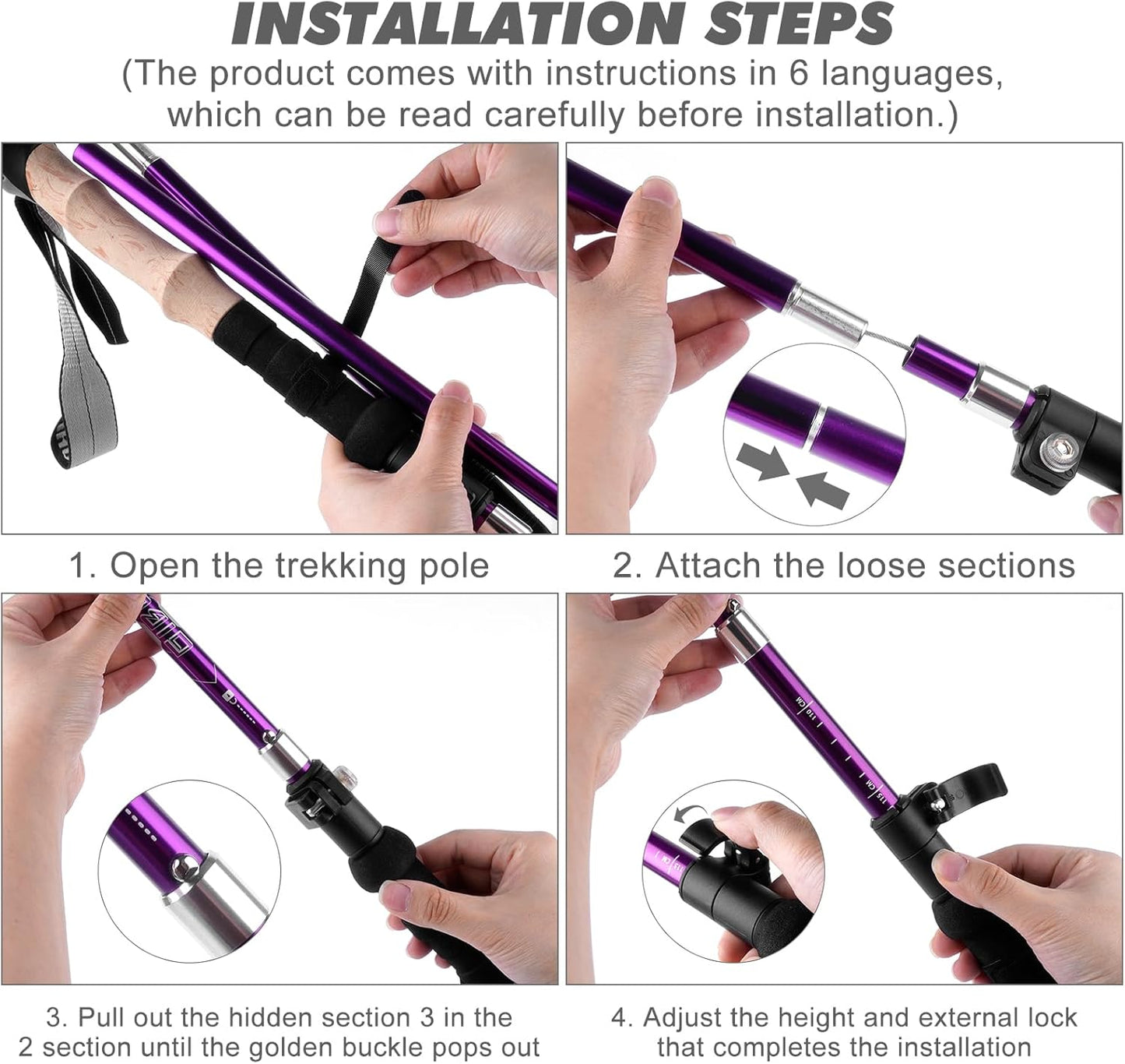 Teleskop-Wanderstöcke faltbar 105-125 cm, Violett