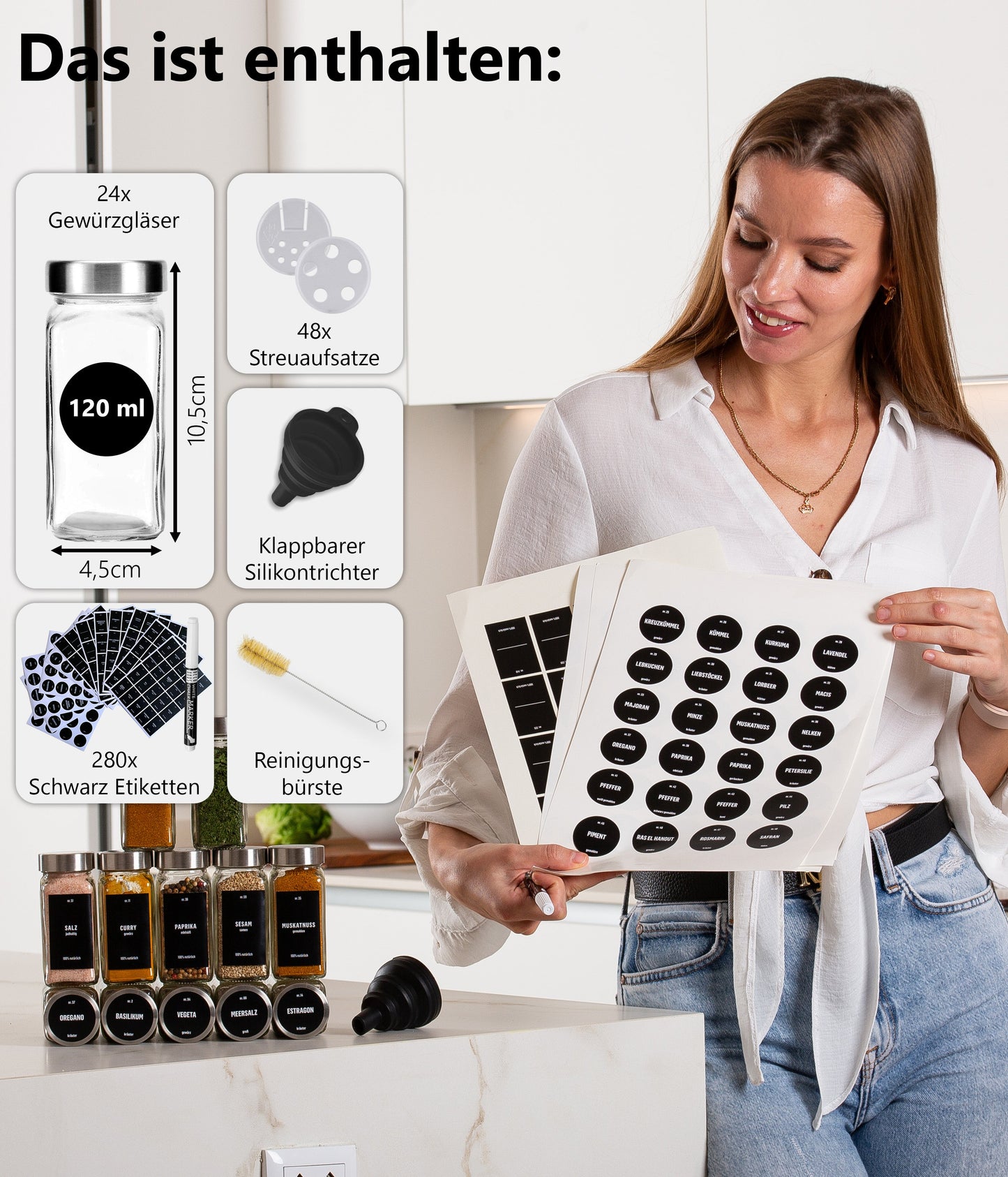 Gewürzgläser-Set mit Schraubkappe, 24er Set, Deckel Edelstahl