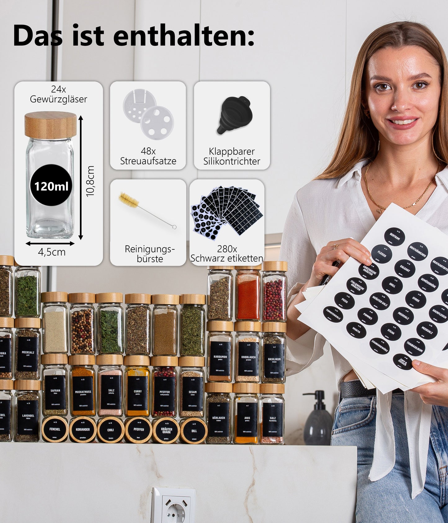 Gewürzgläser-Set mit Schraubkappe, 24set, Holzdeckel