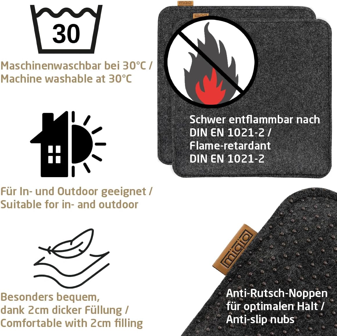 4er-Set Filz-Sitzkissen mit Antirutschnoppen, 35x35 cm, 4er-Set Dunkelgrau Anthrazit mit Echtleder-elementen