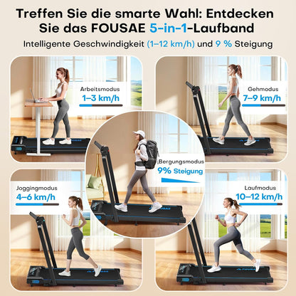 5-in-1 Klappbares Laufband mit Steigung und App-Anbindung, Schwarz-blau