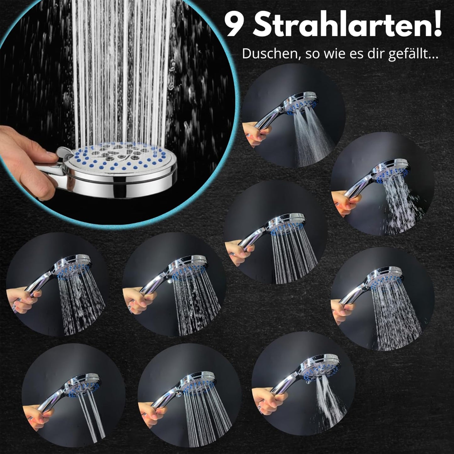 Duschkopf Energy Rain mit 9 Strahlarten, wassersparend, Chrom - Hochdruck-duschkopf