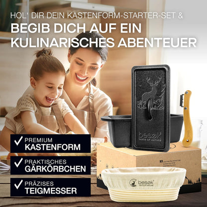 Gusseisen-Brotbackform mit Gärkorb & Teigmesser, Kastenform + Gärkorb