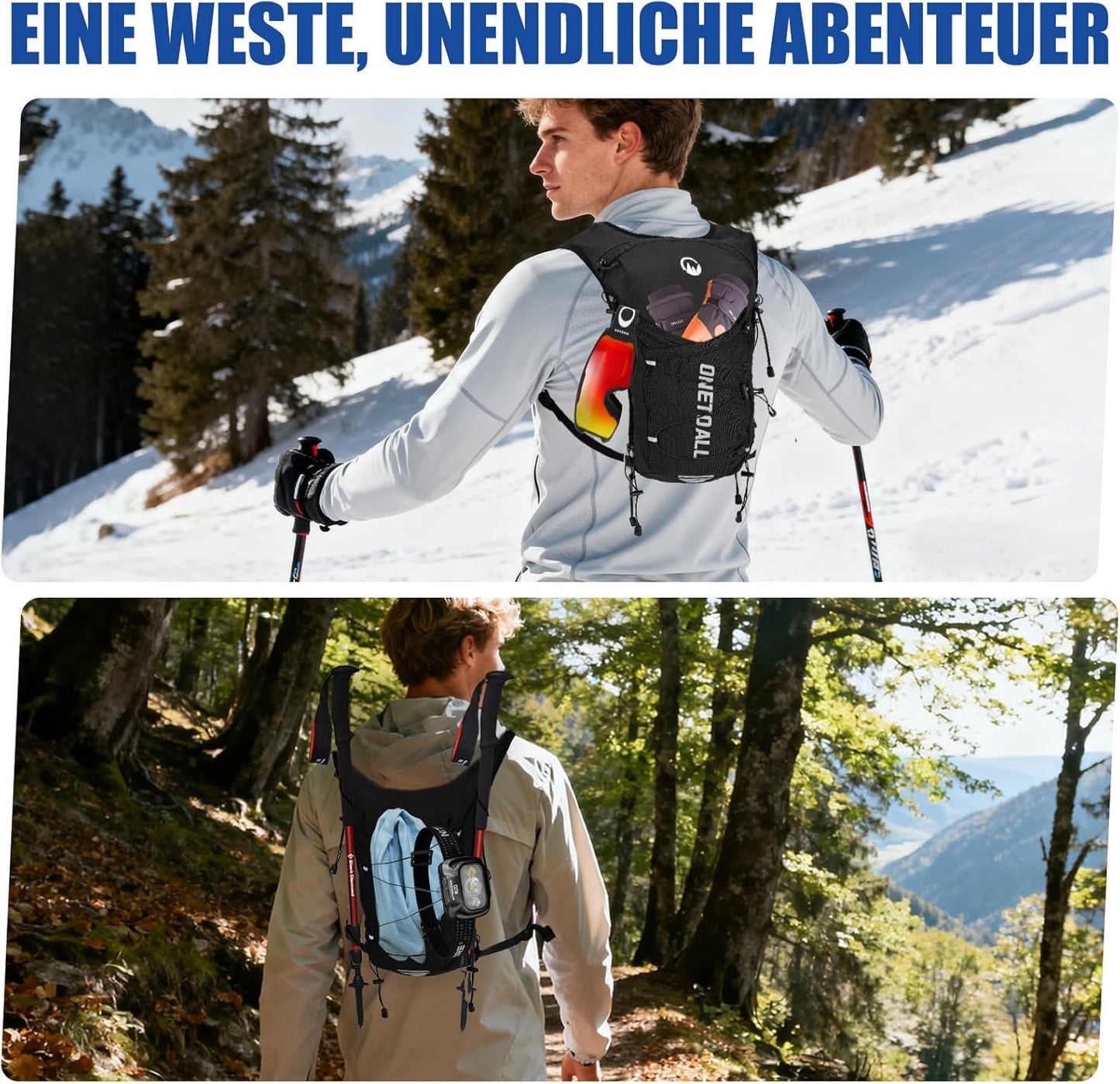 Leichte Laufweste mit Trinksystem (6L, inkl. 2L Blase), Schwarz mit eine 500ml Trinkflasche + eine 2L Trinkblase