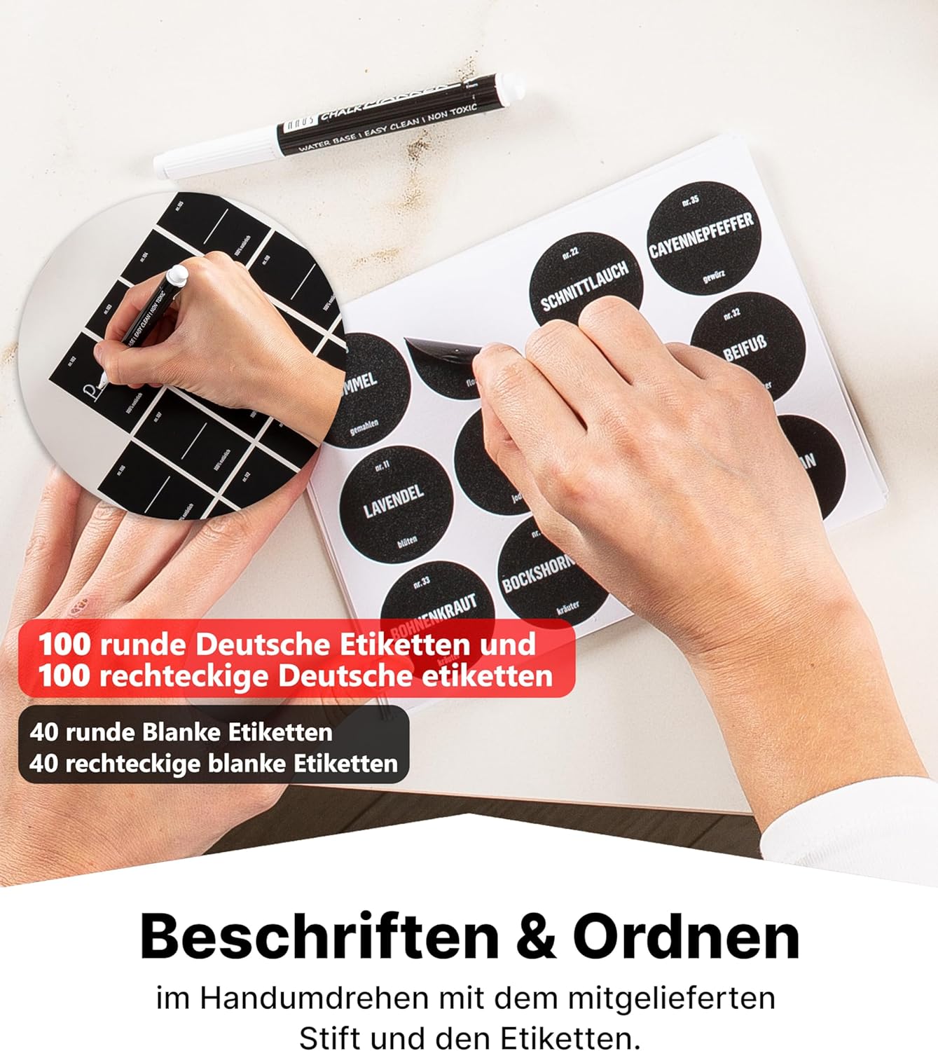 36er-Set Gewürzgläser mit 280 Etiketten, Stift, Reinigungsbürste & Trichter, 36er Set - Schwarz deckel