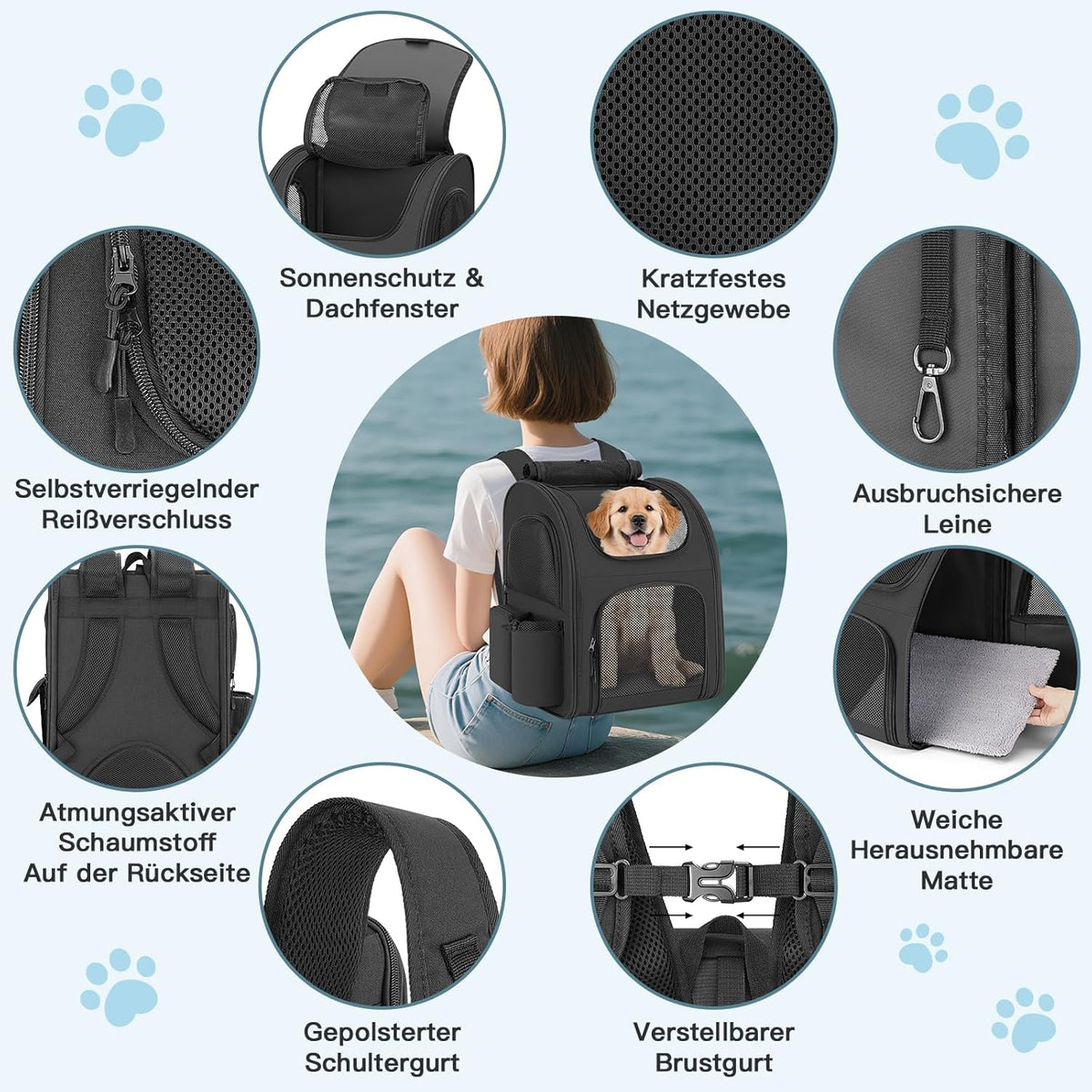 Hunderucksack bis 10 kg mit Netzfenster, Schwarz