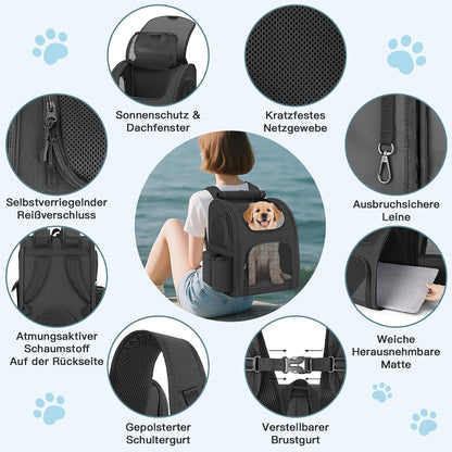 Hunderucksack bis 10 kg mit Netzfenster, Schwarz
