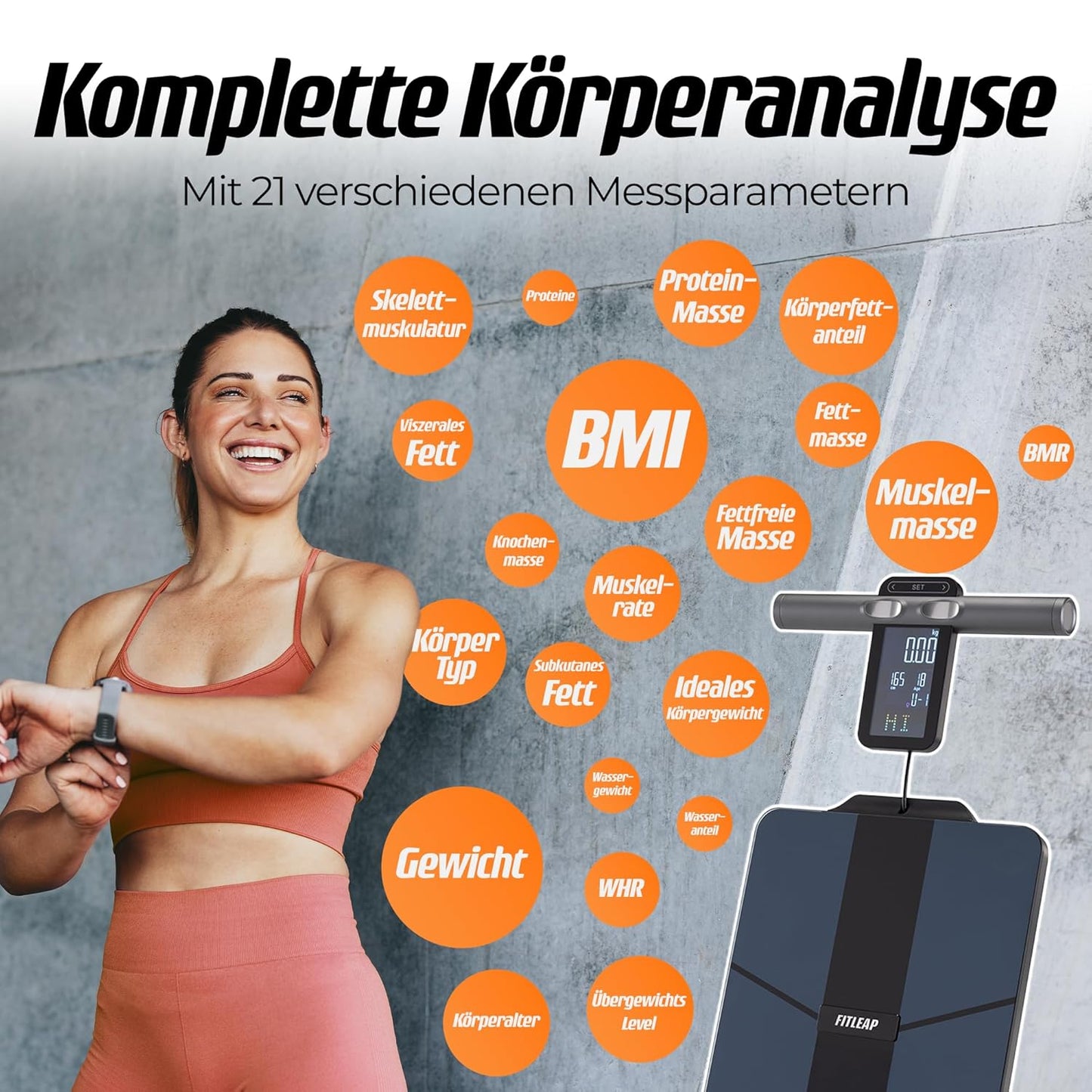 Körperfettwaage mit App & 8 Elektroden, 21 Messwerte, Pro Schwarz