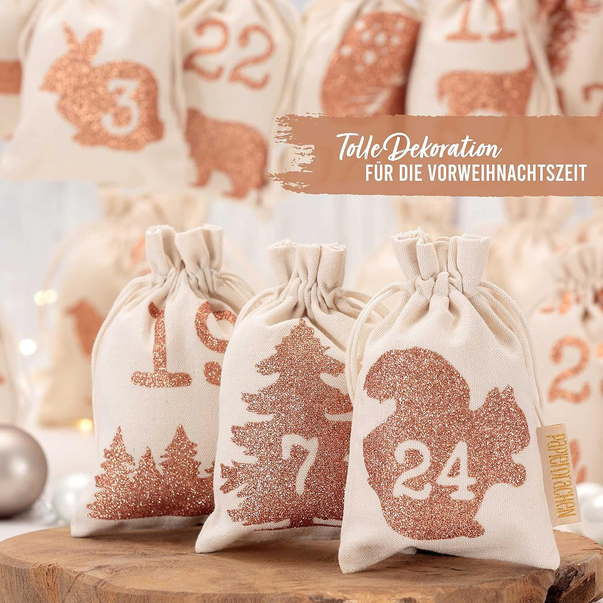 Adventskalender mit Stoffsäckchen, Waldtier Glitzer