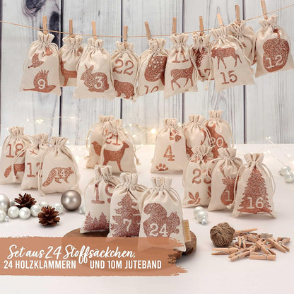 Adventskalender mit Stoffsäckchen, Waldtier Glitzer
