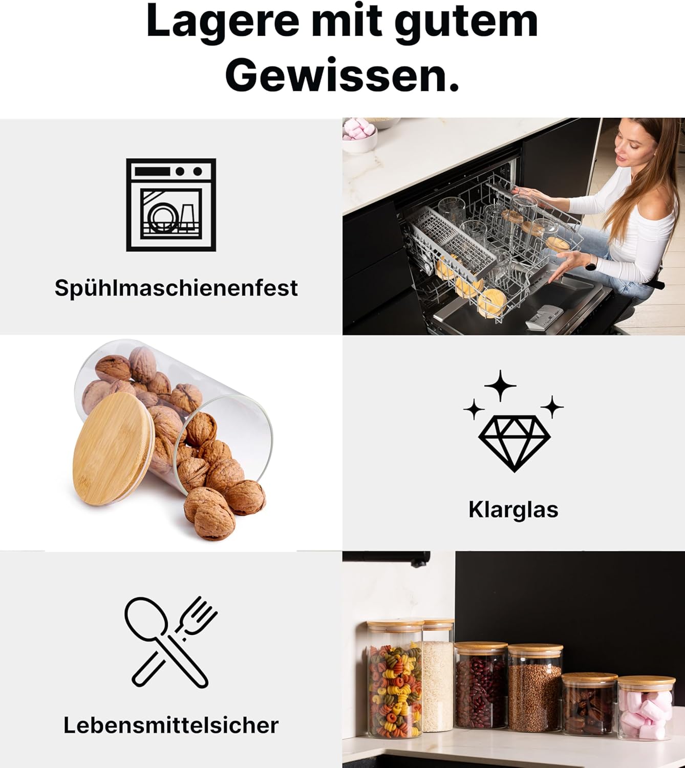Vorratsgläser-Set mit Deckel, 8 Stk., 3 Grössen, Rund