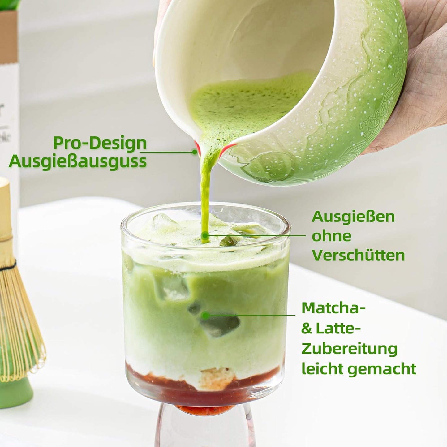 7-teiliges Matcha Tee-Set, 7Stück/Set, Schüssel mit Ausgießer Farbverlauf Grün