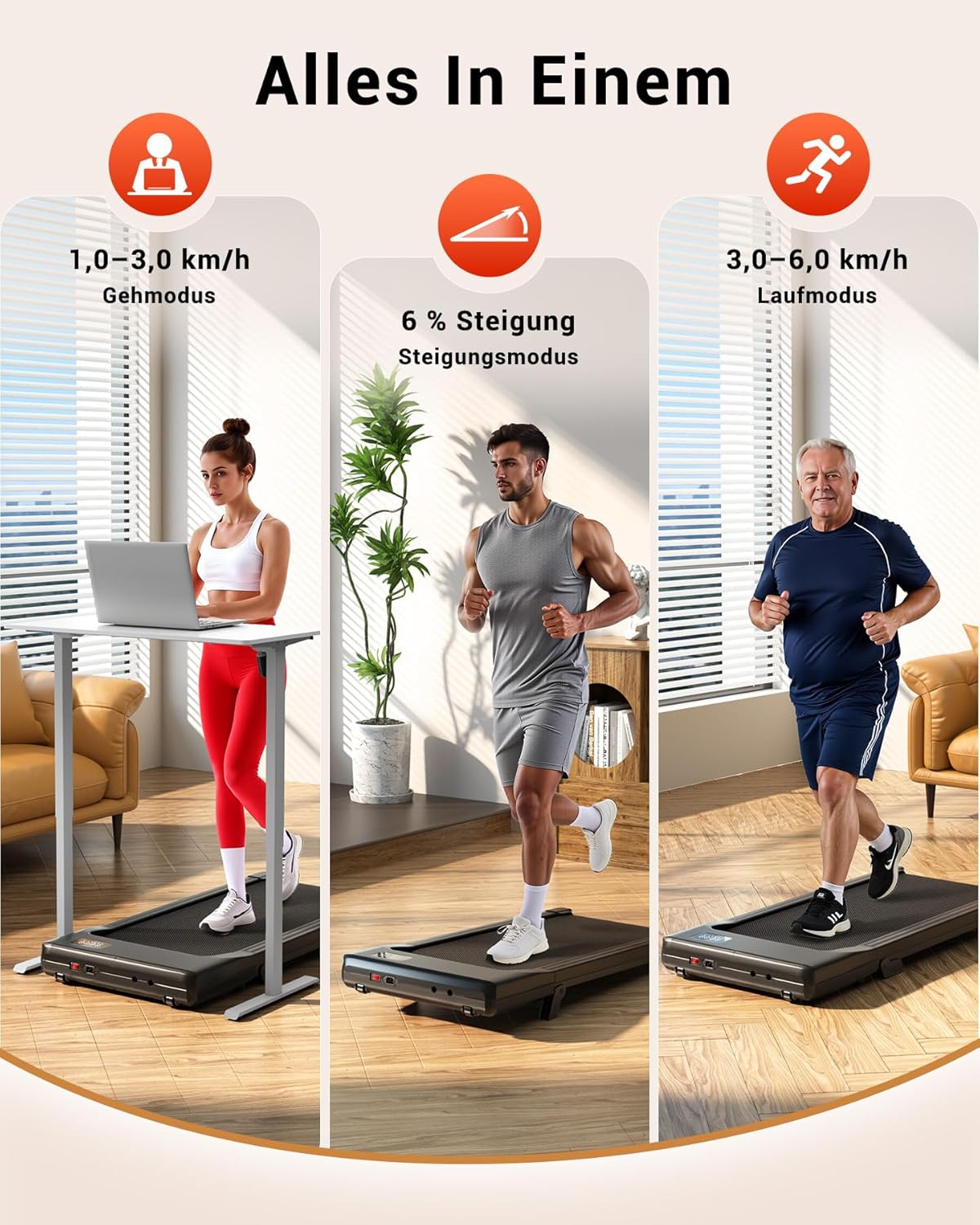 Walking Pad mit Steigung und App-Steuerung, 90cm Helles Schwarz
