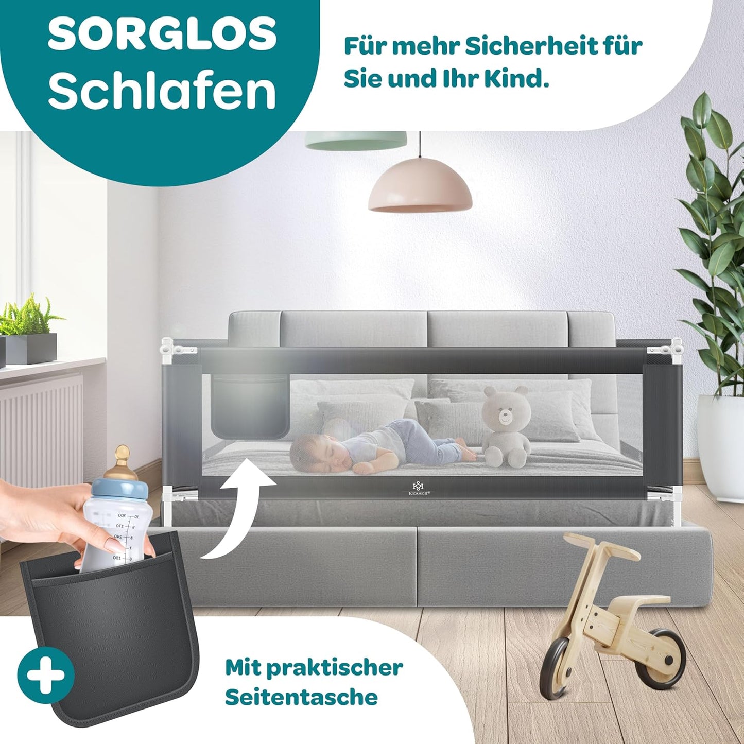 Bettschutzgitter Rausfallschutz für Babys (200 cm), Dunkelgrau 200cm