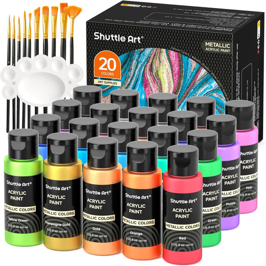 Metallic-Acrylfarben-Set inkl. Pinsel & Palette, 20 Farben mit Metallglanz