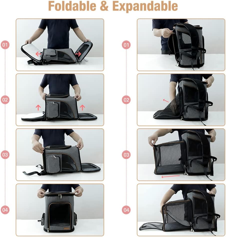 Erweiterbarer Haustier-Rucksack für Katzen & Hunde, Grau (XL) L 36 x B 31 x H 42 cm