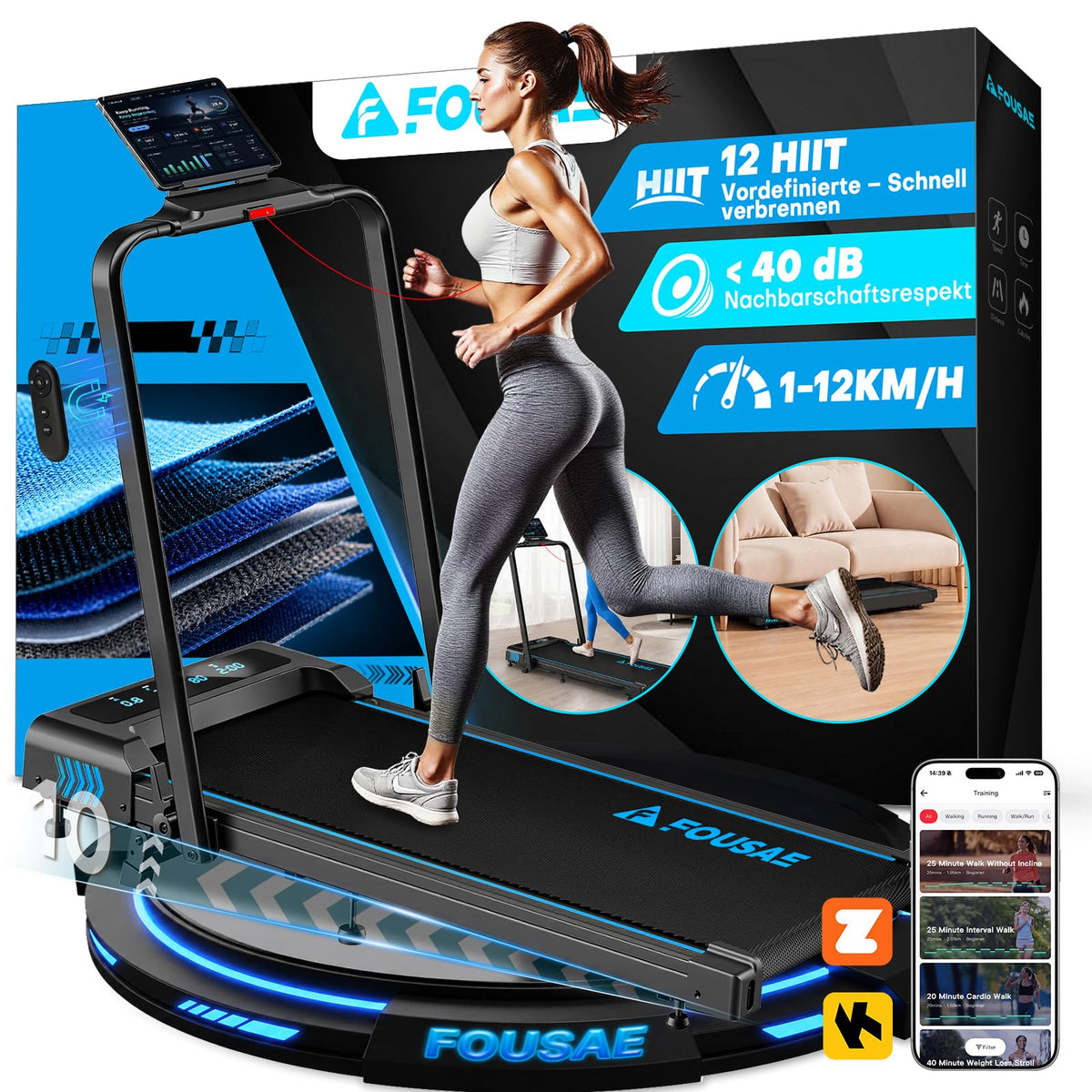 5-in-1 Klappbares Laufband mit Steigung und App-Anbindung, Schwarz-blau