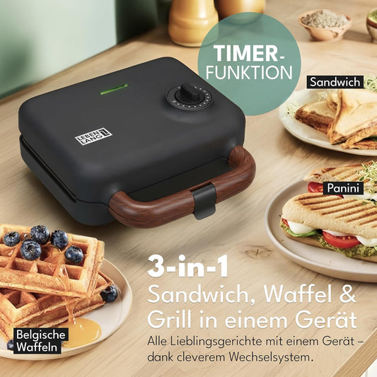 Sandwichmaker 3-in-1 mit Grill- und Waffeleinsätzen, Schwarz - 750w