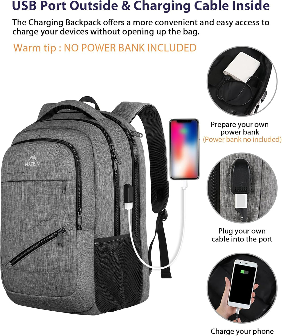 Laptop-Rucksack mit USB & Anti-Diebstahl-Funktion, 17.3 zoll Grau