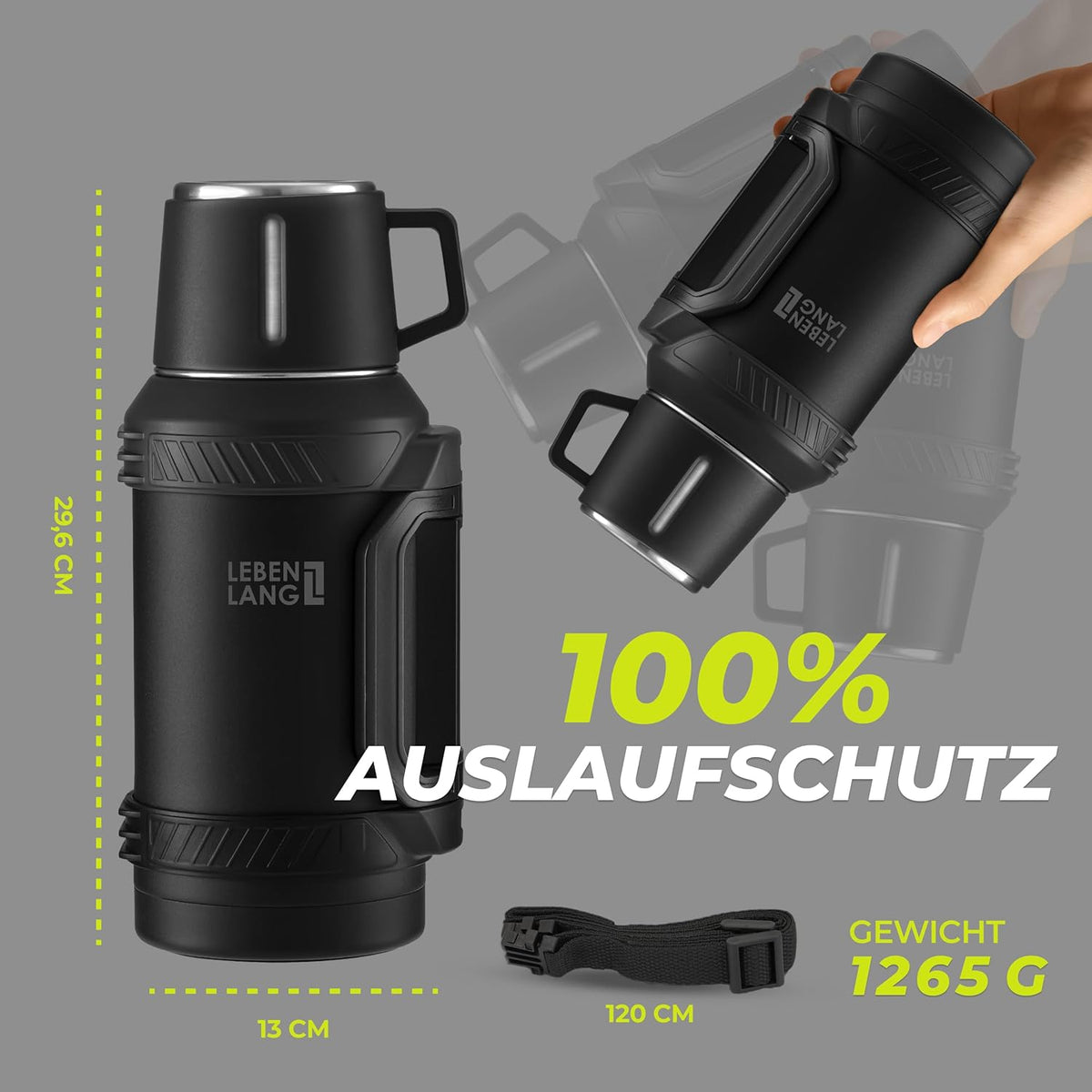 Thermosflasche mit Becher, Teesieb und Tragegurt, 1500 ml