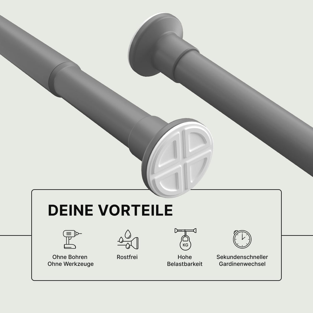 Vorhangstange ohne Bohren, 50-80 cm Grau