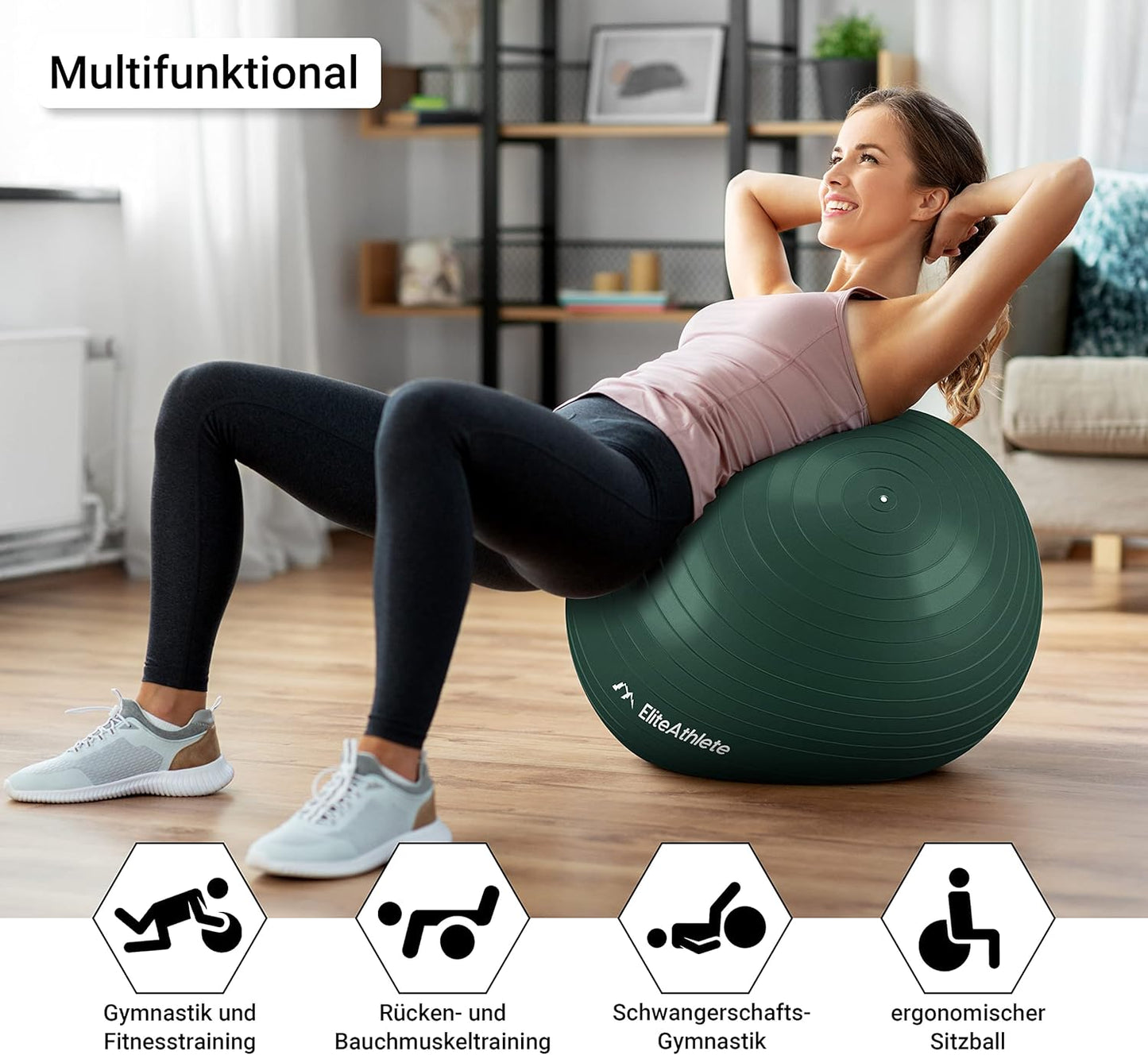 Ergonomischer Gymnastikball für Fitness und Schwangerschaft, Deep Forest 85cm