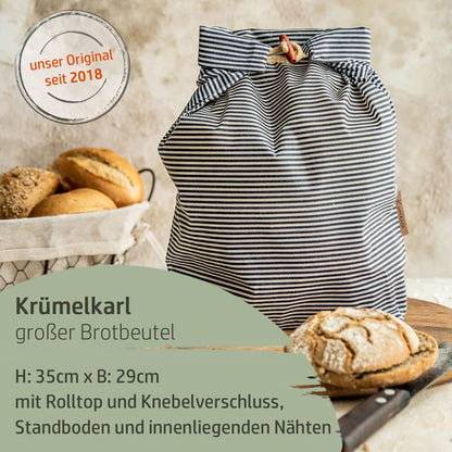 Bio-Bienenwachstuch Brotbeutel Krümelkarl, Streifen