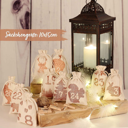Adventskalender mit Stoffsäckchen, Waldtier Glitzer