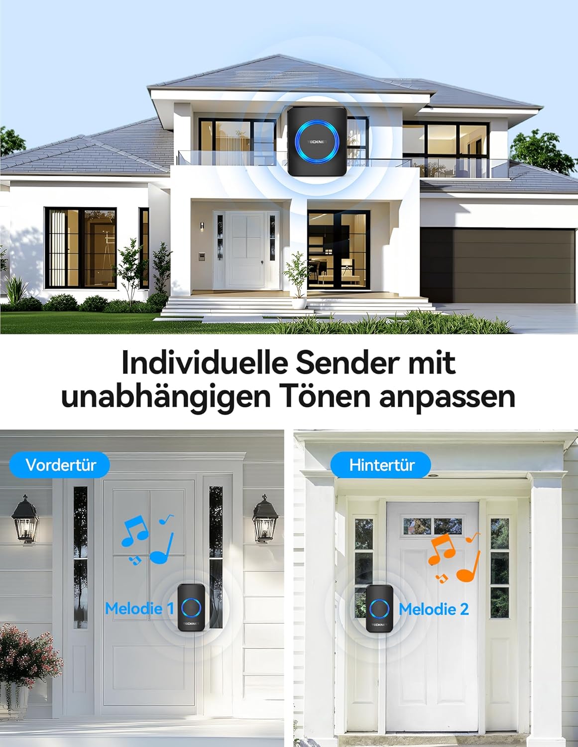 Funkklingel-Set mit 600m Reichweite, 1 Plug-In-Empfänger und 2 Sender, Schwarze Leds