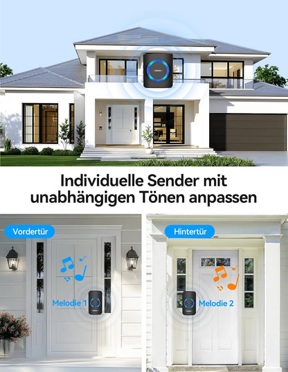 Funkklingel-Set mit 600m Reichweite, 1 Plug-In-Empfänger und 2 Sender, Schwarze Leds