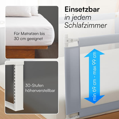 Rausfallschutz Bettgitter höhenverstellbar 180 cm, Hellgrau - mit Gurt 180 cm