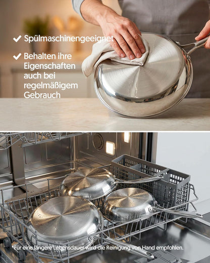 Pfannenset aus Edelstahl (3-teilig, induktionsgeeignet), Set mit 3 Pfannen