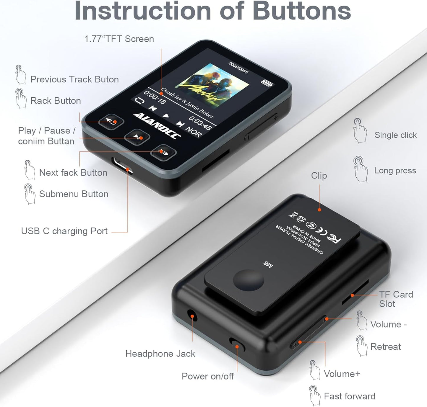 MP3 Player mit Sport Clip & Armband, Schwarz