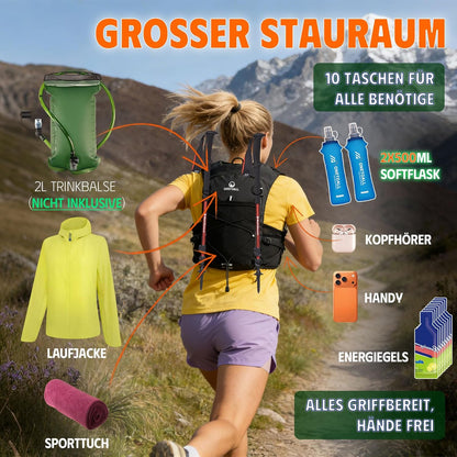 Trinkrucksack mit 2 faltbaren Trinkflaschen, schwarz +2 Trinkflaschen