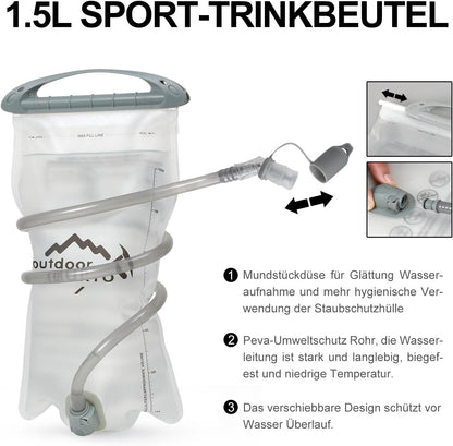 Trinkrucksack mit 1.5l Wasserblase, Schwarz und Weiss Standard