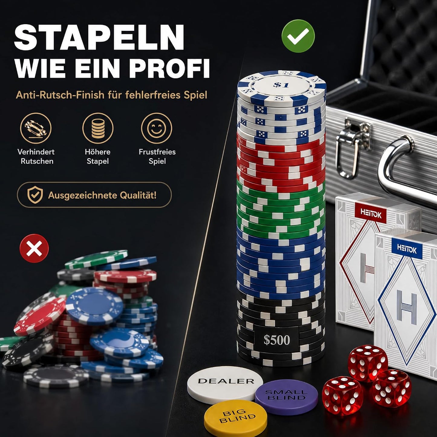Pokerkoffer für 10 Spieler, 500 Chips mit Zahlen