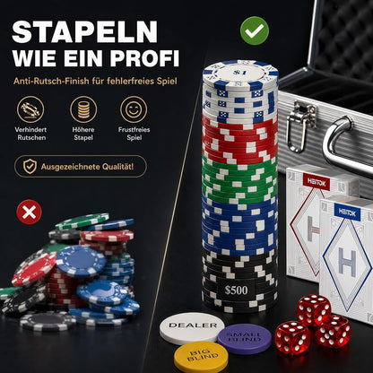 Pokerkoffer für 10 Spieler, 500 Chips mit Zahlen