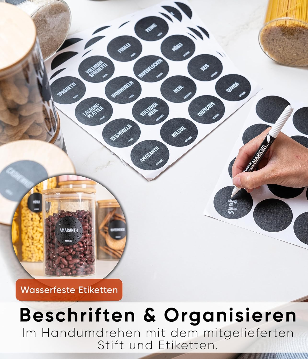 Vorratsgläser-Set mit Deckel, 8 Stk., 3 Grössen, Rund