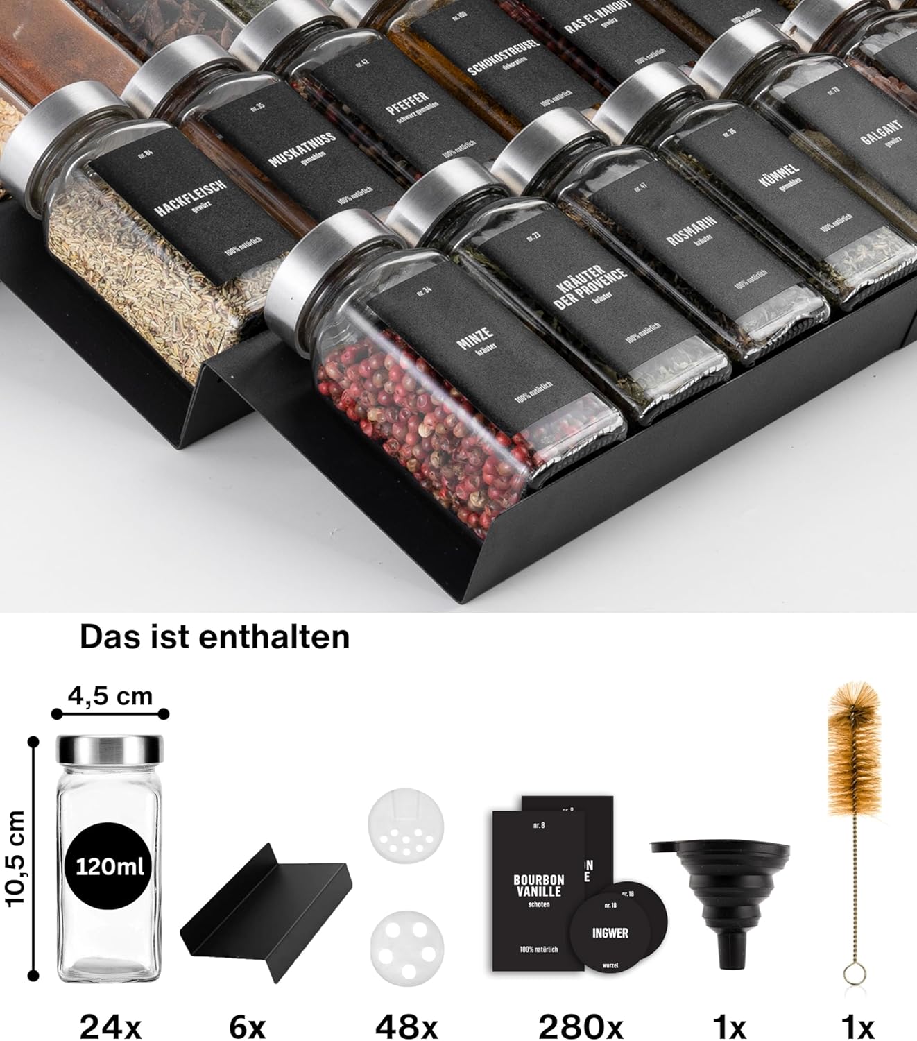 Gewürzgläser-Set mit Schubladeneinsatz, 24 Stk, aus Teilen, Schwarz, Deckel Edelstahl