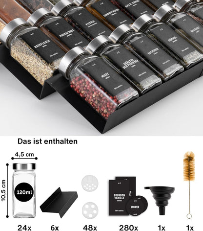 Gewürzgläser-Set mit Schubladeneinsatz, 24 Stk, aus Teilen, Schwarz, Deckel Edelstahl