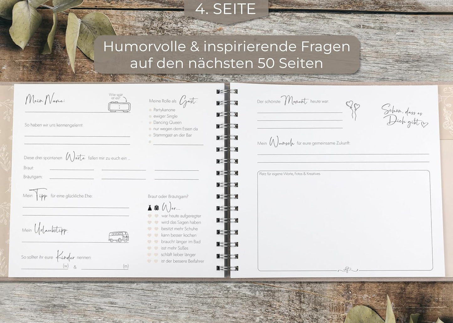 Gästebuch für Hochzeiten, mit Fragen Sandbeige