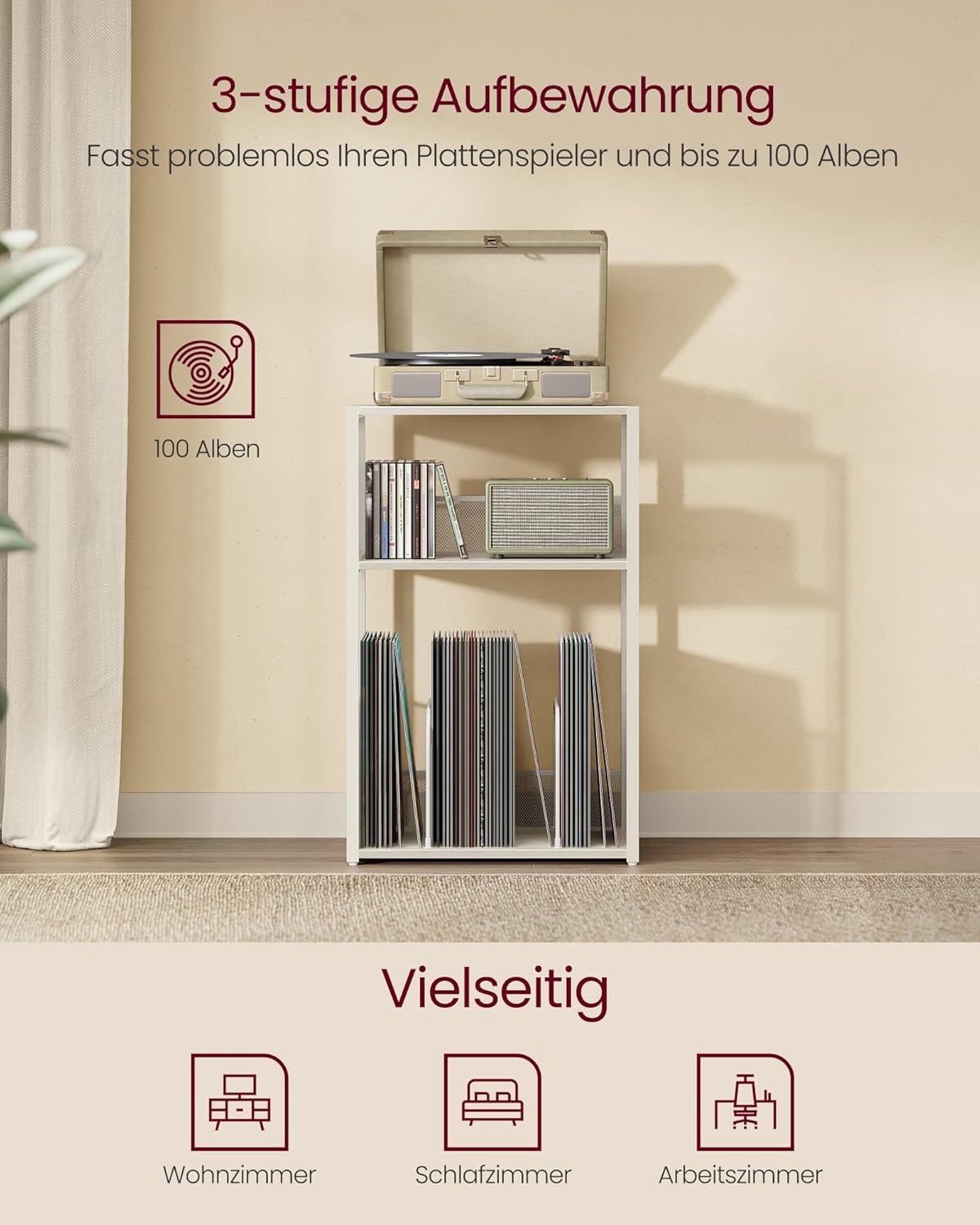 Plattenspieler-Ständer mit 3 Etagen für 100 Alben, Vintageweiss Standardversion