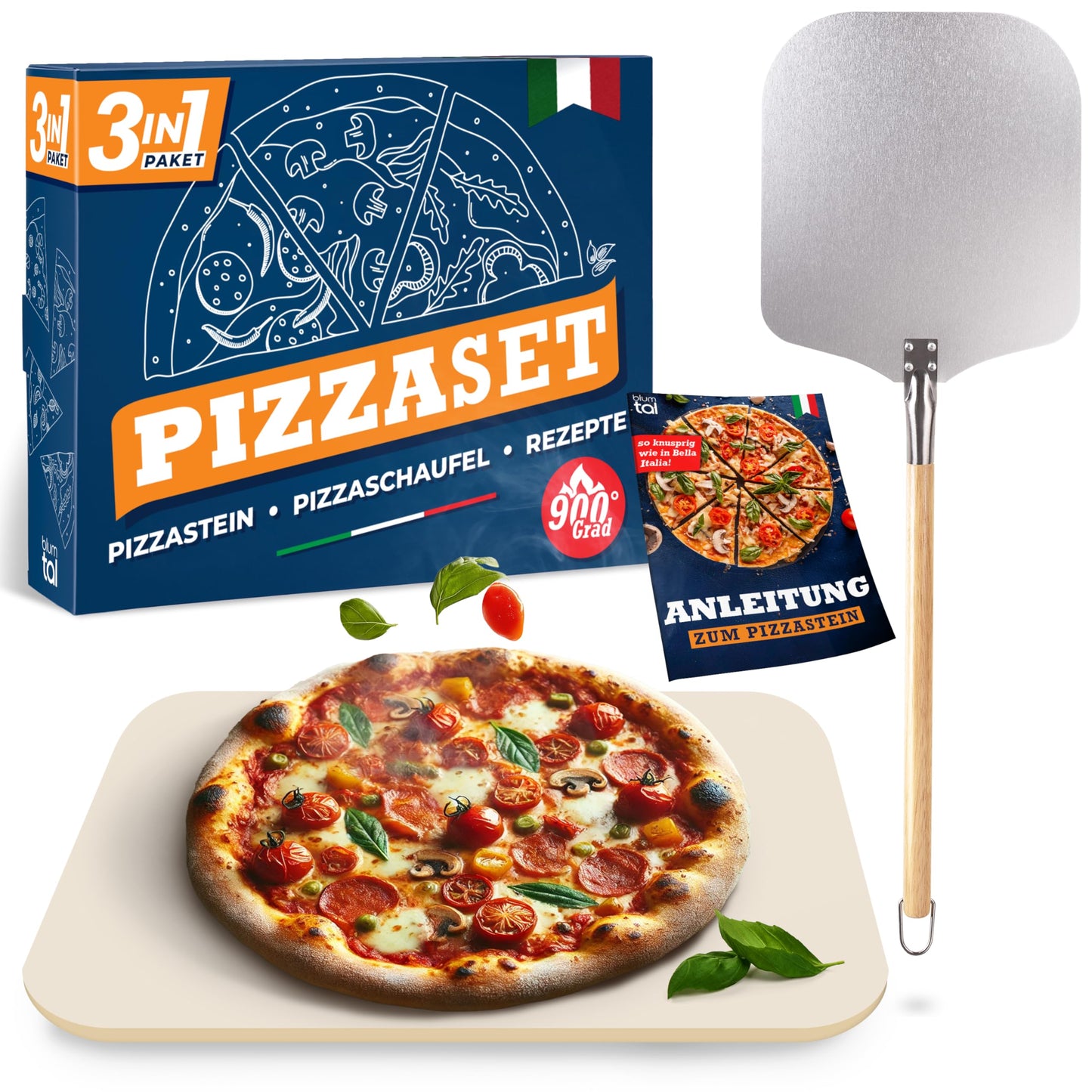 3-in1 Pizzastein Set für Ofen & Grill bis 900°C, 1) Pizzastein mit Schaufel