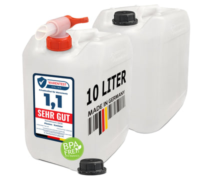 Wasserkanister Set mit Hahn, 2x10L, lebensmittelecht, 2x10 Liter DIN 45 + 1 Hahn